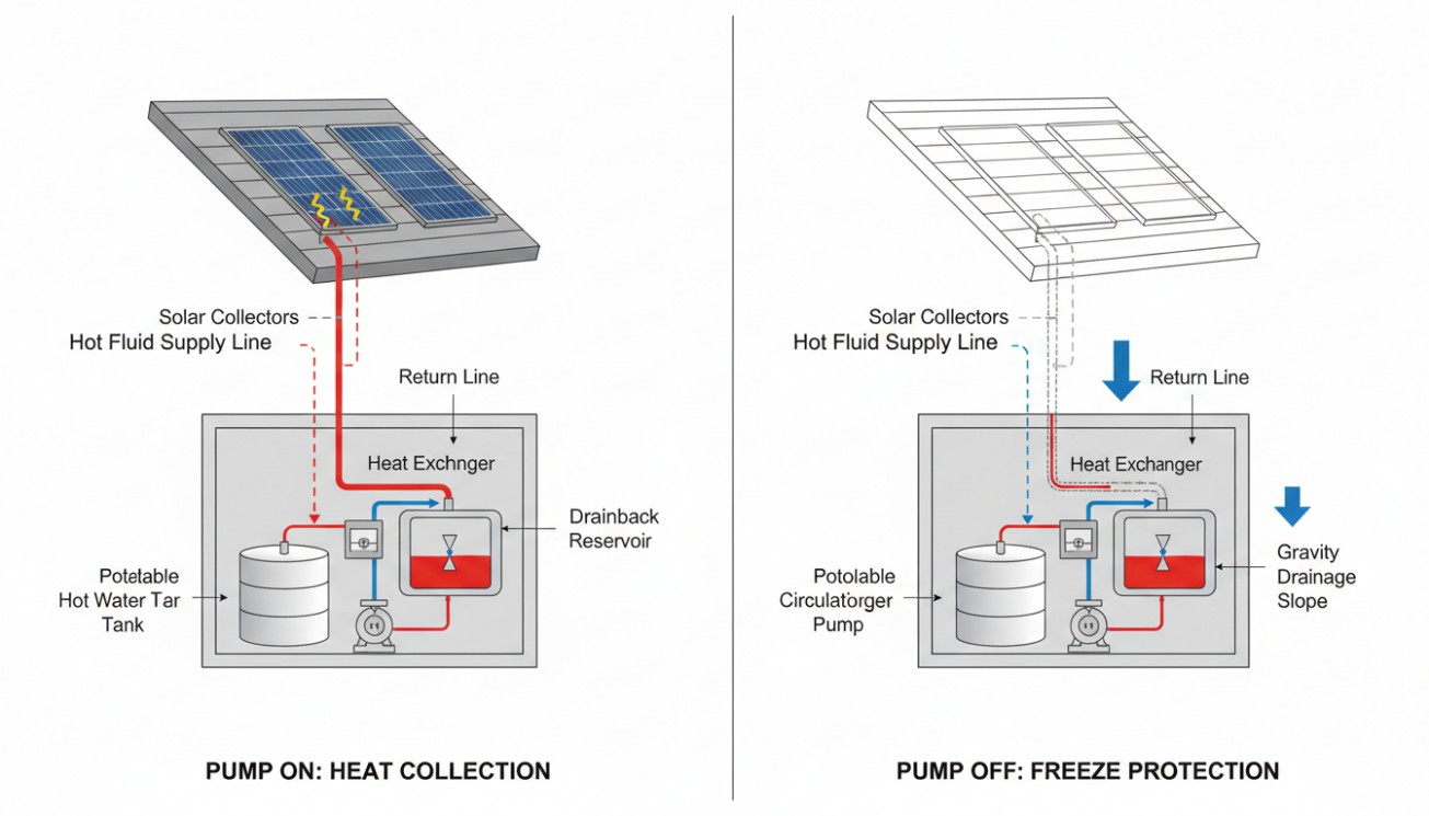 Drainback solar thermal system diagram showing pump-on heat collection and pump-off gravity drainage for freeze protection